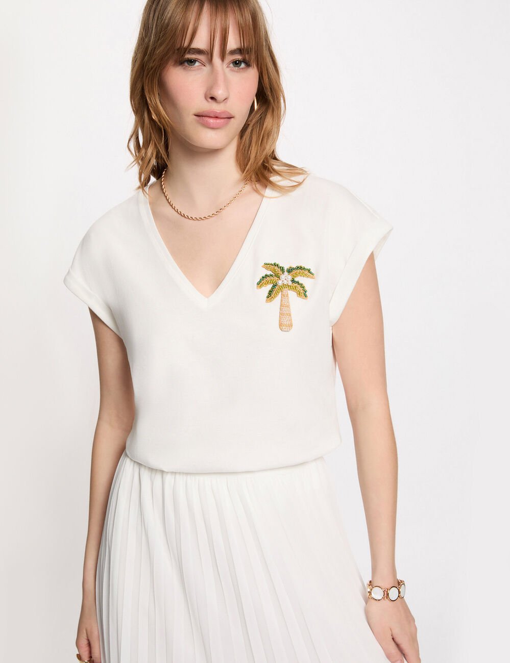 T-shirt col v manches courtes blanc femme