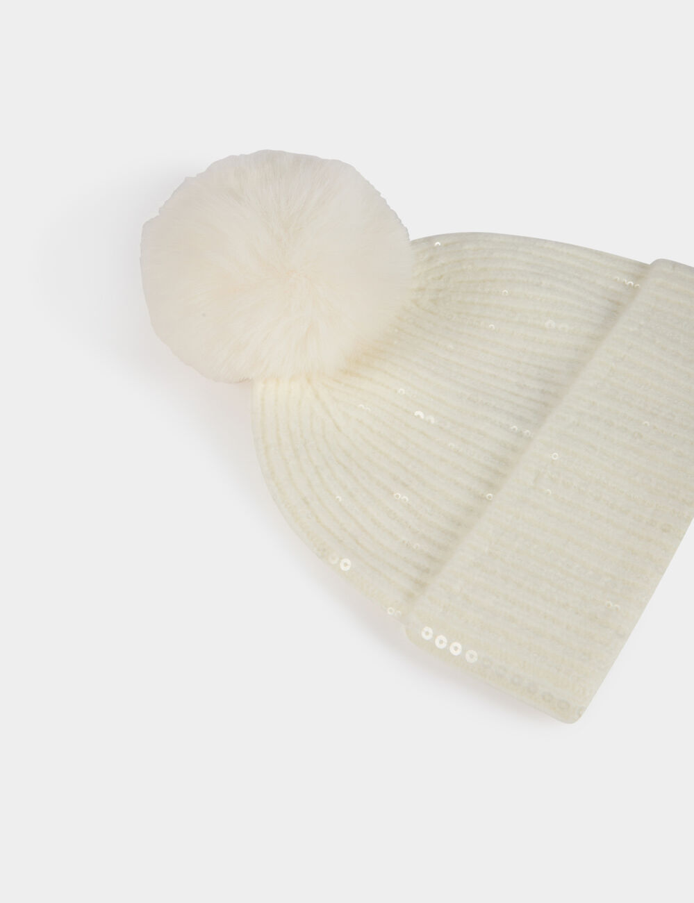 Bonnet à pompon et sequins ivoire femme