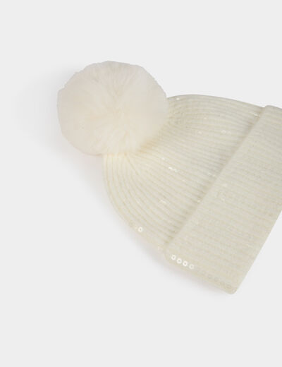 Bonnet à pompon et sequins ivoire femme