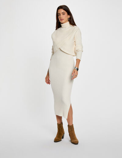 Robe tricot col roul&eacute; ivoire femme