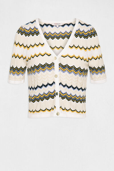 Pull manches courtes imprimé chevron ivoire femme