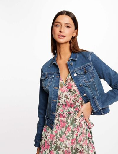 Veste droite boutonn&eacute;e en jean denim stone femme