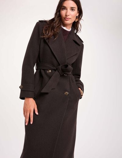 Manteau long ceintur&eacute; marron fonc&eacute; femme