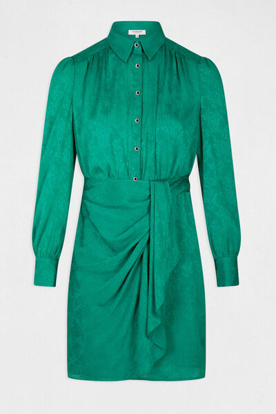 Robe droite drapée satinée imprimée vert femme