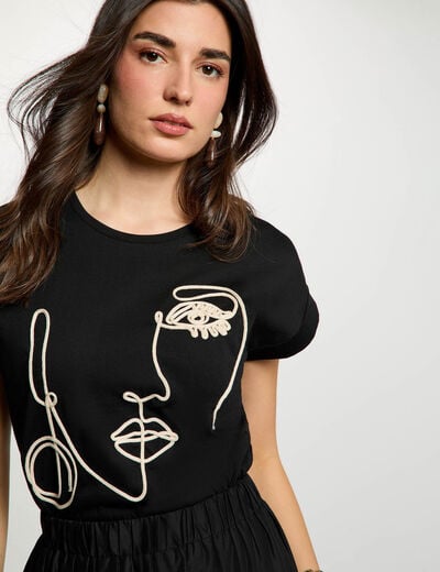T-shirt met gezichtsborduursel zwart vrouw