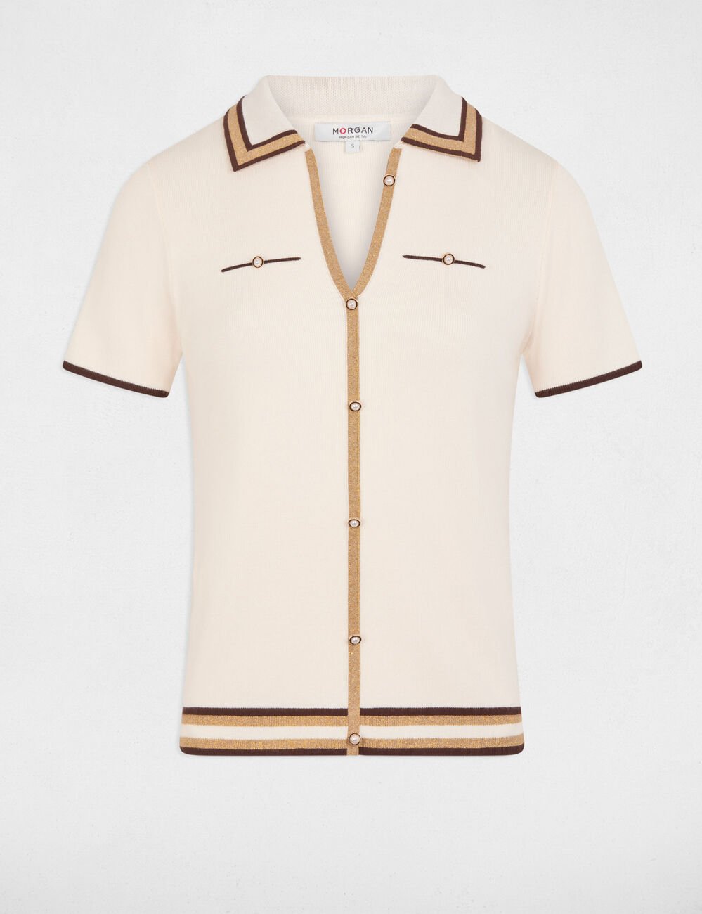 Pull col polo manches courtes ivoire femme
