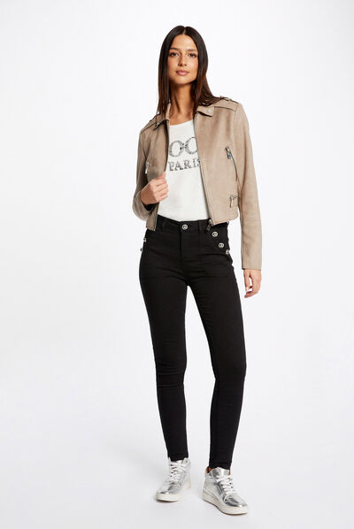 Suede-achtige rechte jas licht beige vrouw