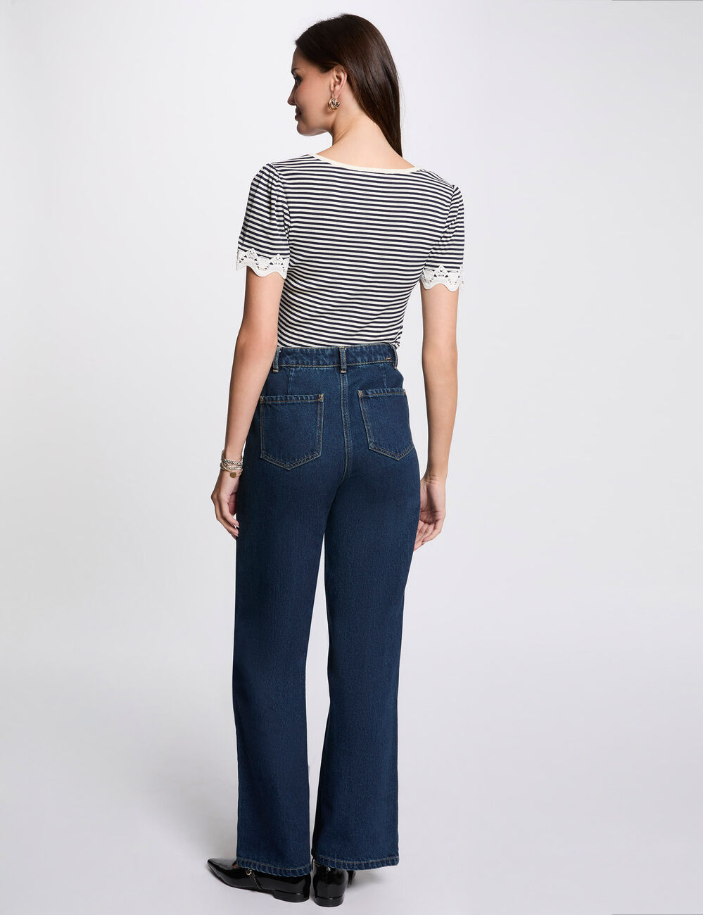 Gestreept T-shirt met korte mouwen marineblauw vrouw
