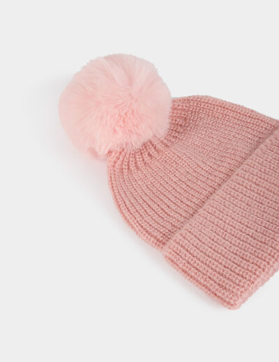 Bonnet à pompon rose poudrée femme