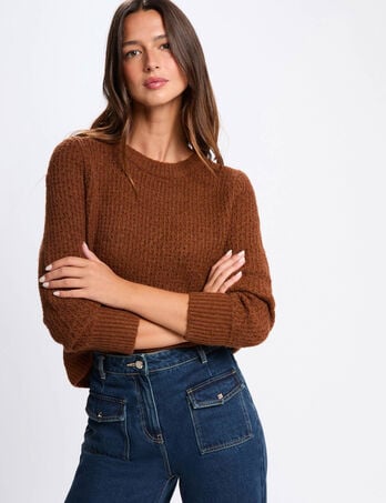 Pull col rond manches longues marron cognac femme