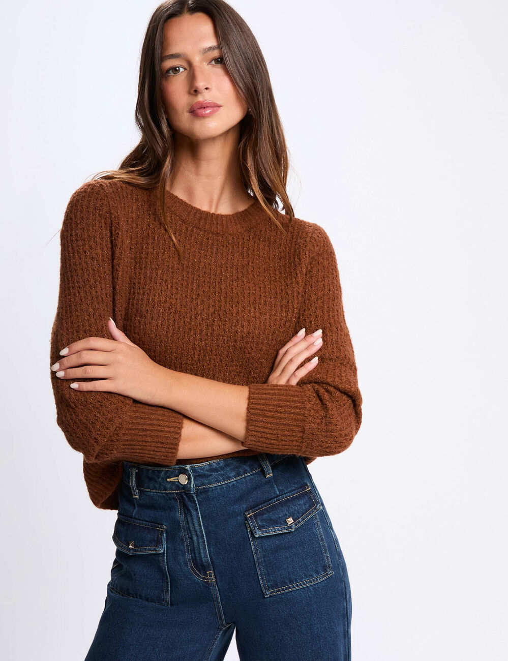 pull col rond manches longues marron cognac femme Pull col rond manches longues marron cognac femme