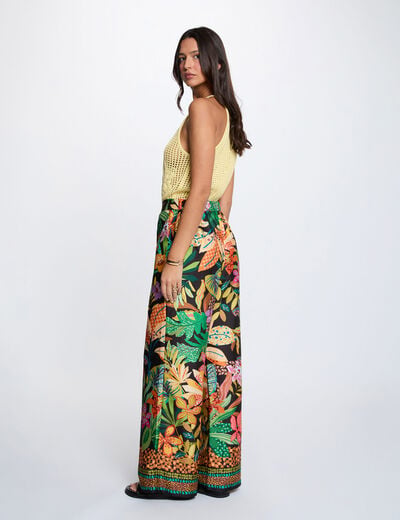 Pantalon large satin&eacute; noir femme