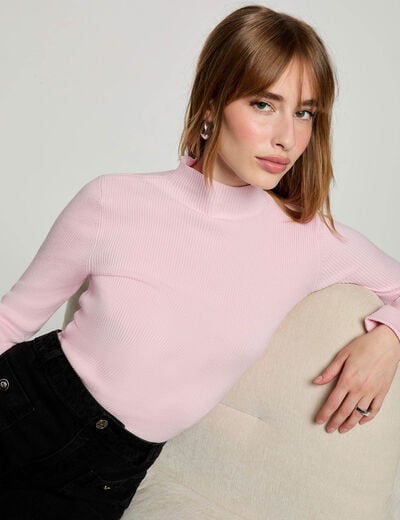 Pull col montant rose pastel femme