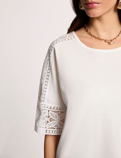 T-shirt dentelle col rond blanc femme