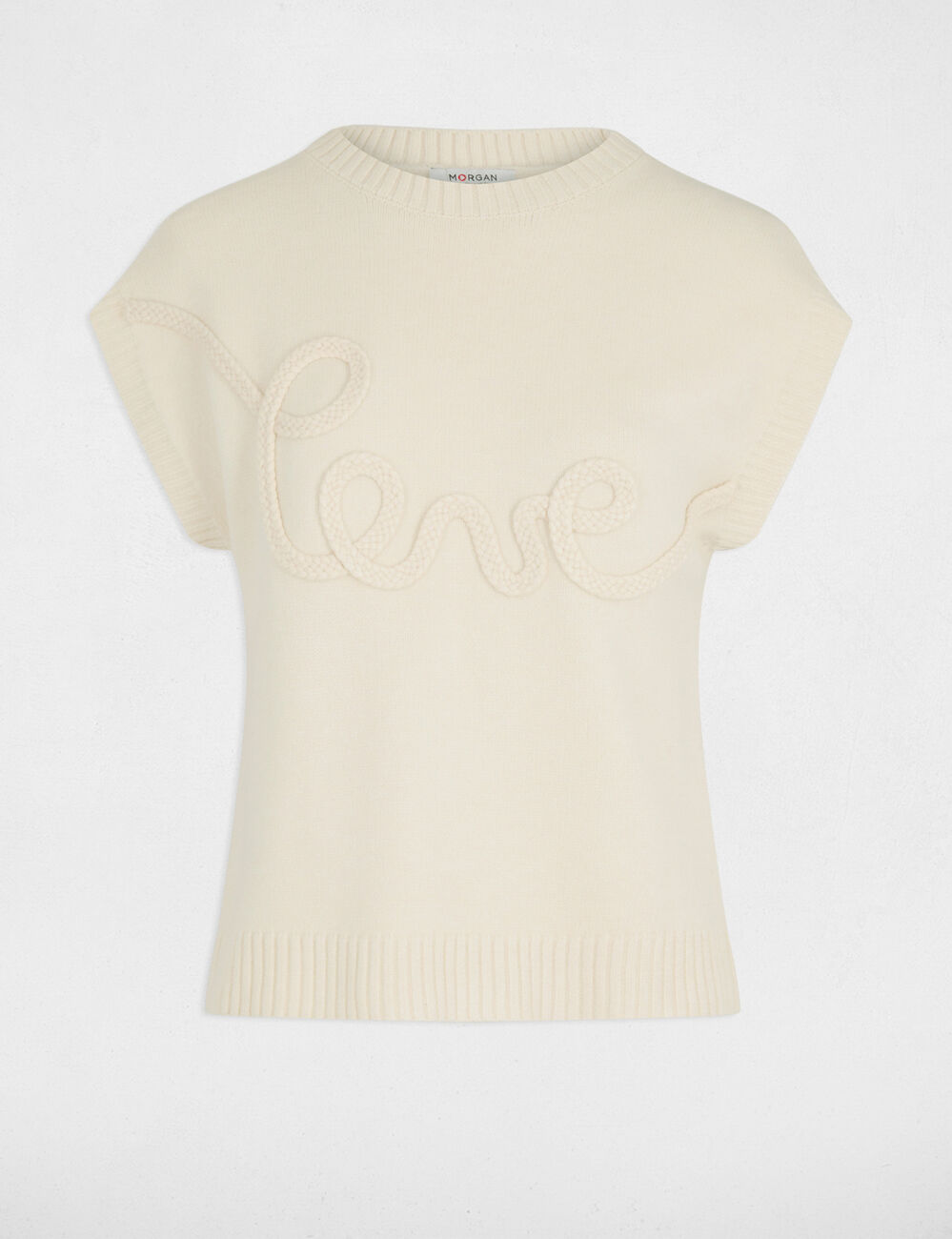Pull col rond brod&eacute; creme femme