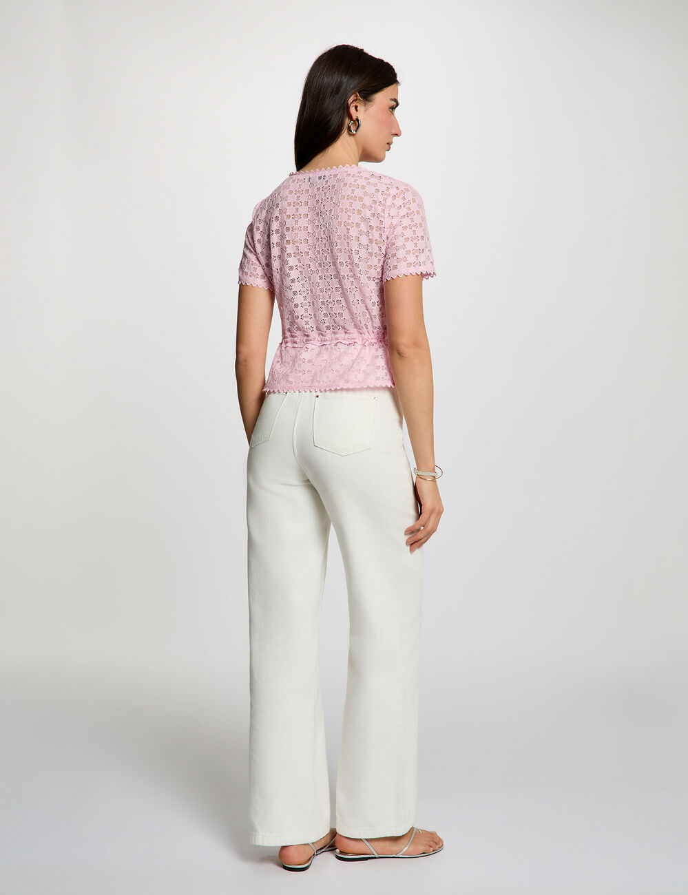 T-shirt korte mouwen van kant roze vrouw