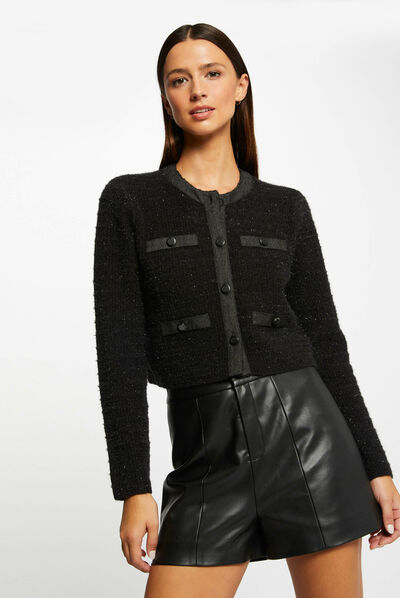 Gilet col rond boutonné noir femme
