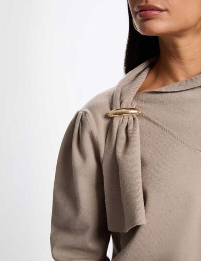 Pull col montant manches bouffantes taupe femme