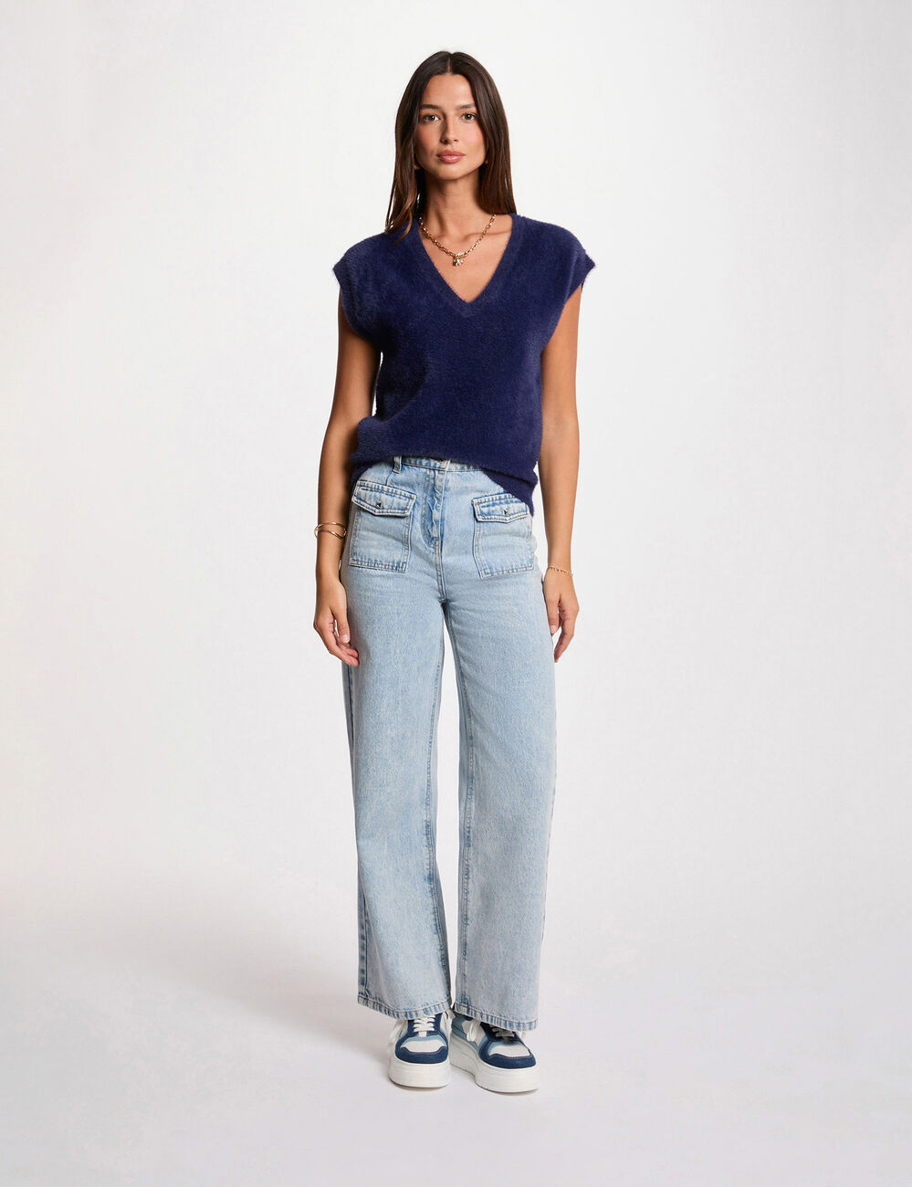 Pull sans manches bleu marine femme