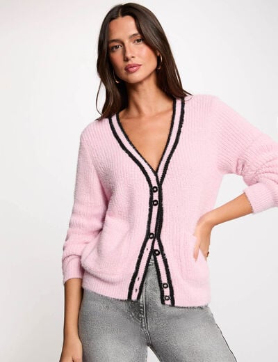 Gilet droit col v rose femme