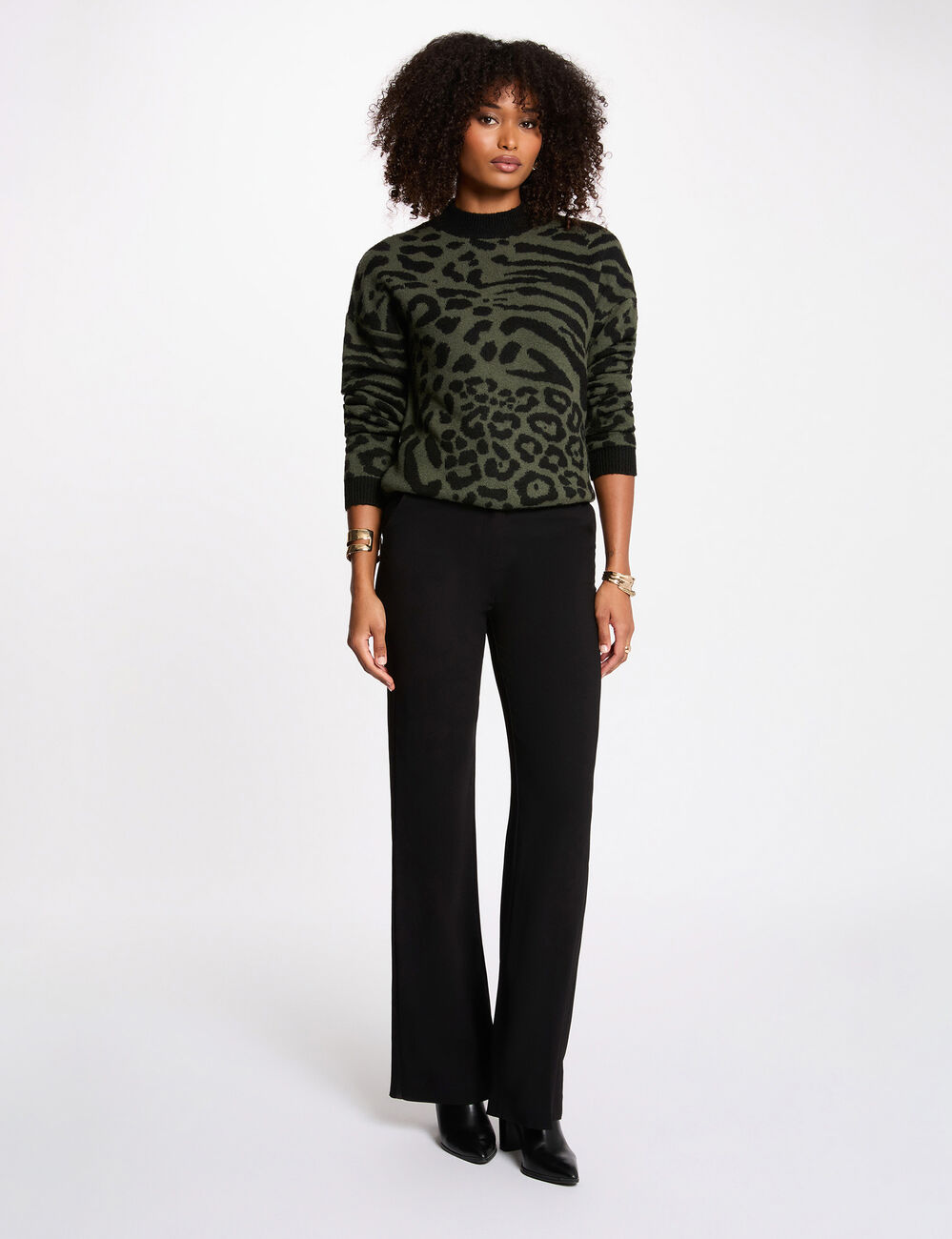 Pull court jacquard vert kaki femme