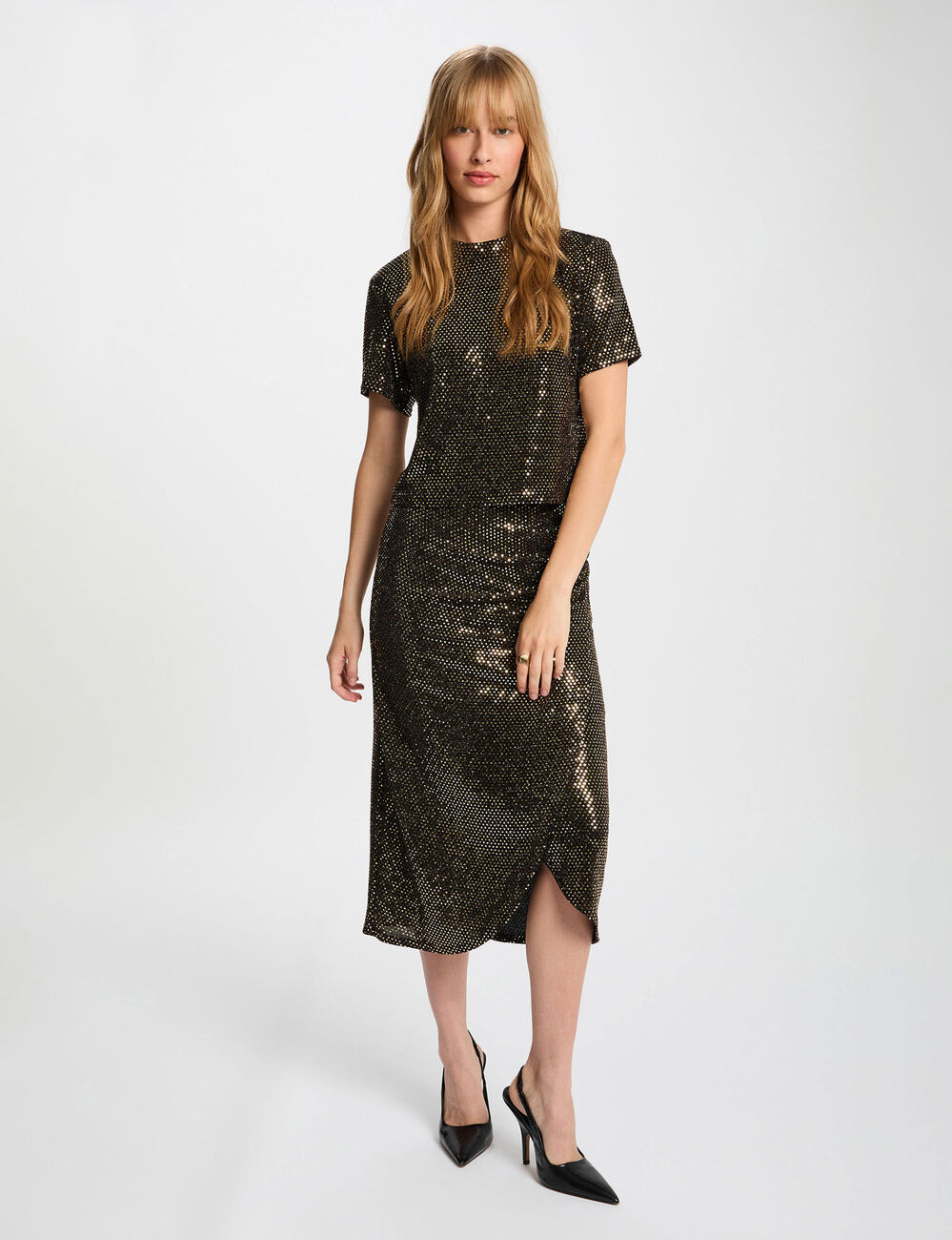 T-shirt sequins col montant jaune or femme
