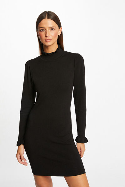 Getailleerde sweaterjurk met hoge kraag zwart vrouw