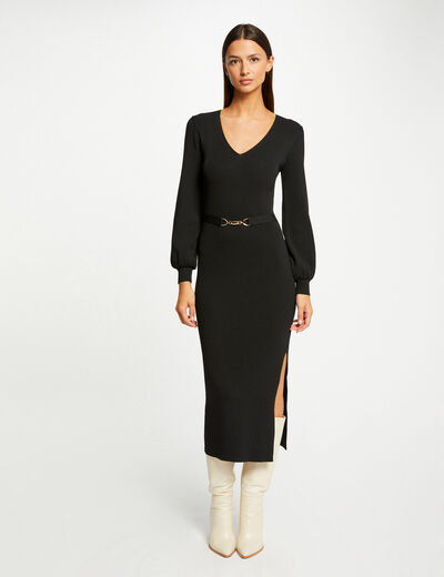 Robe tricot longue ajust&eacute;e &agrave; ornement noir femme