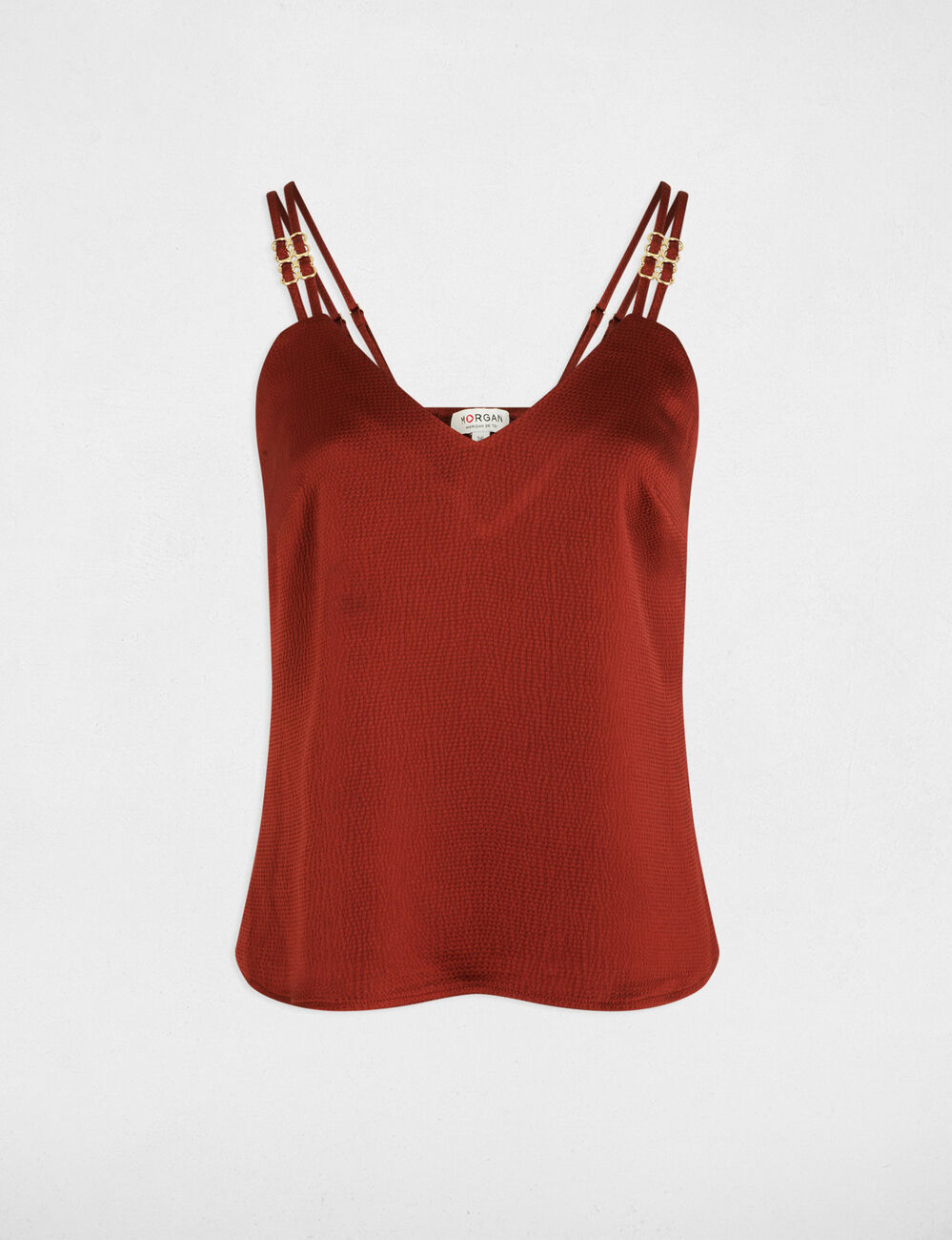 Satijnen top met bandjes cognacbruin vrouw