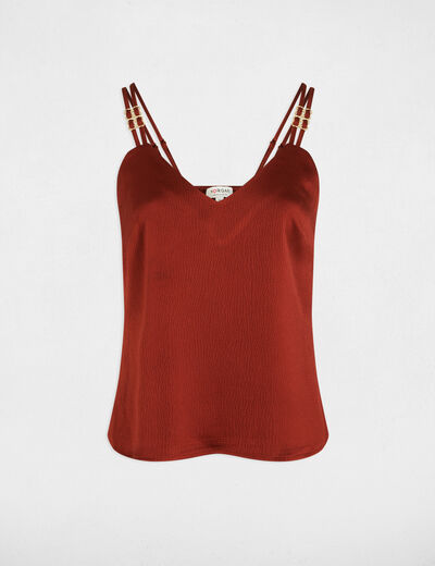 Satijnen top met bandjes cognacbruin vrouw