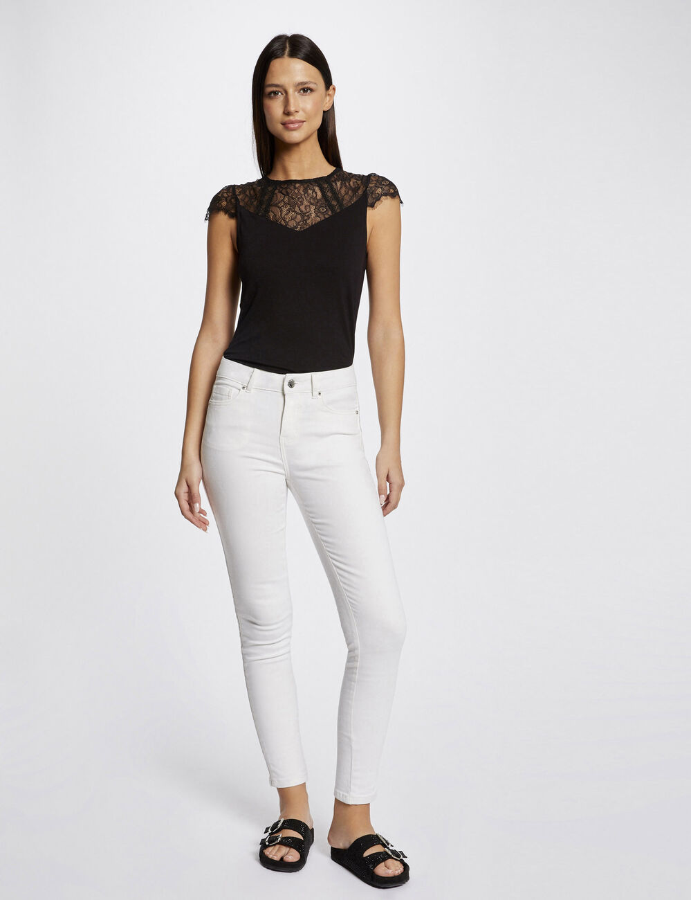 T-shirt manches courtes &agrave; dentelle noir femme