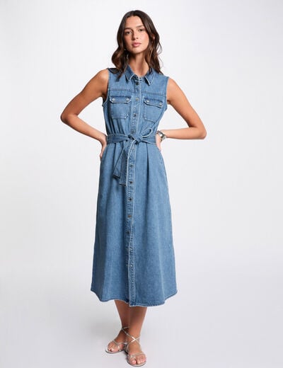 Robe midi trapèze en jean denim stone femme
