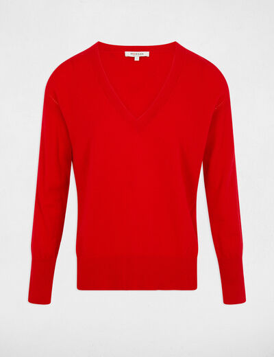 Pull col en V manches longues rouge femme