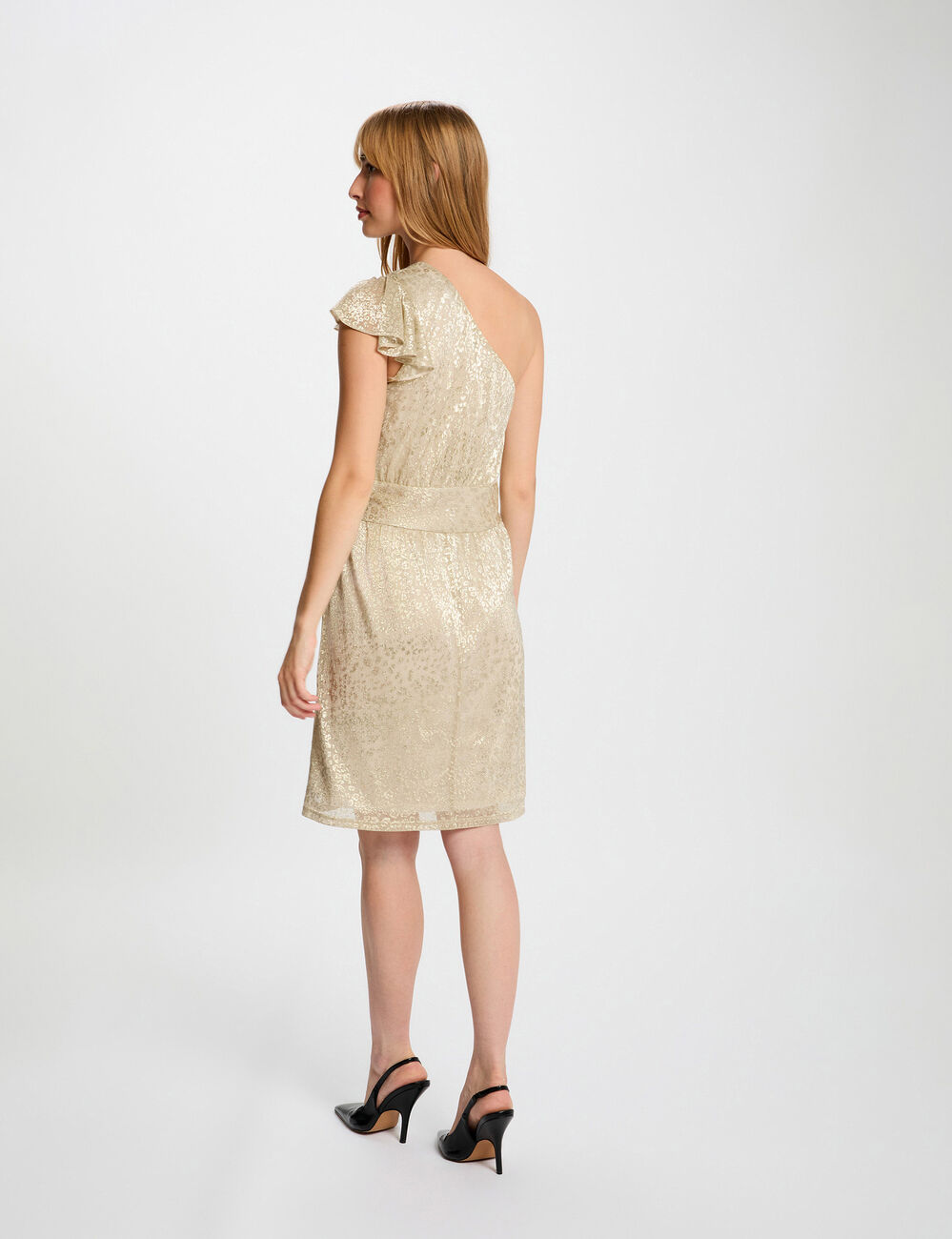 Robe voile asym&eacute;trique jaune or femme