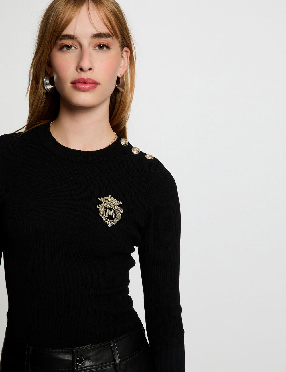 Pull col rond côtelé noir femme