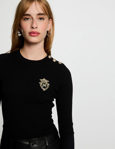 Pull col rond côtelé noir femme