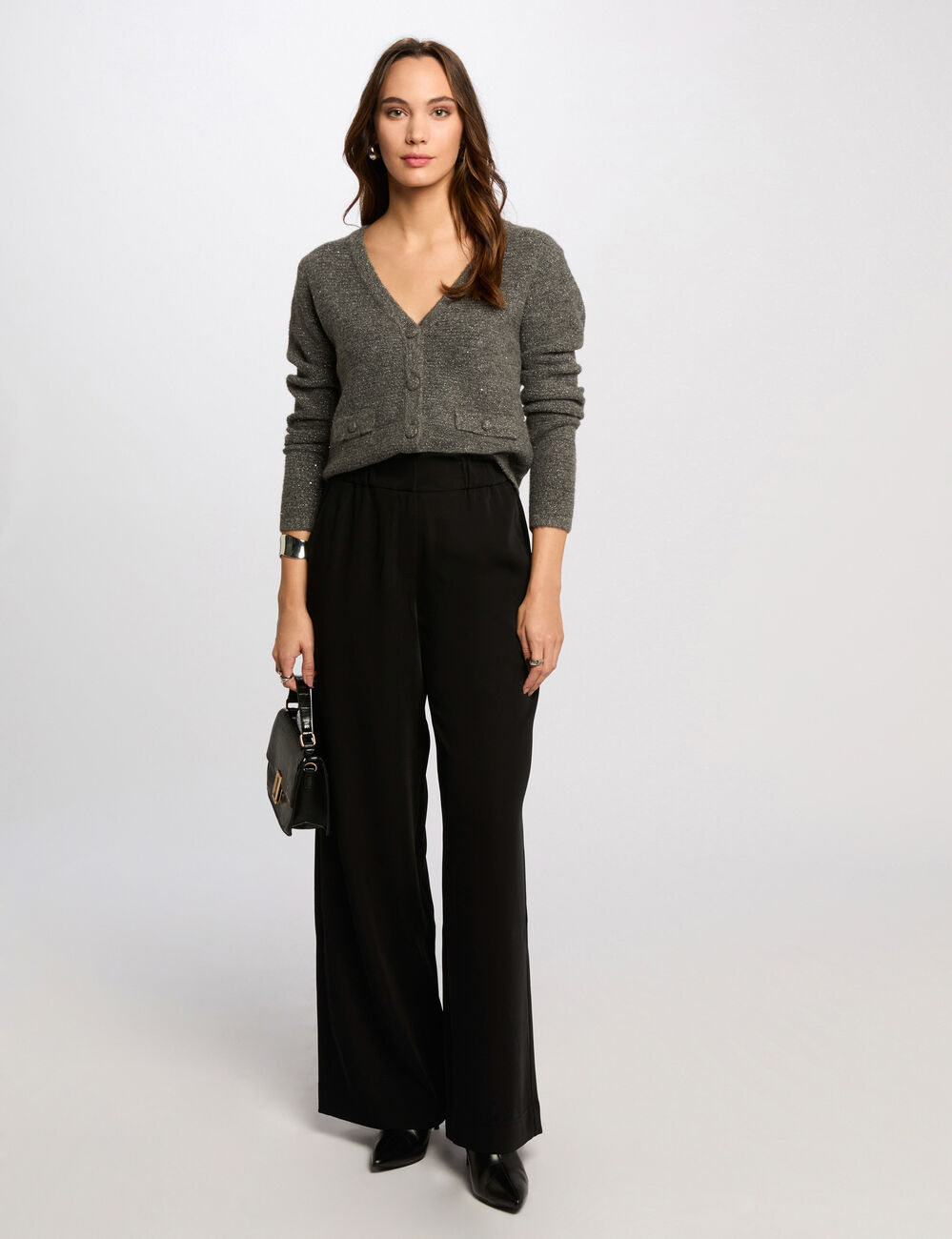 Pantalon large taille haute noir femme