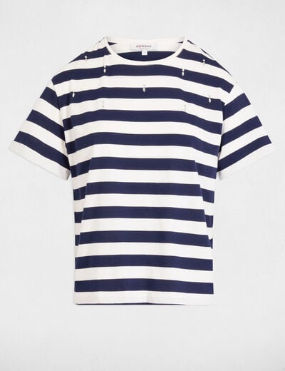 Gestreept T-shirt met korte mouwen helder wit vrouw
