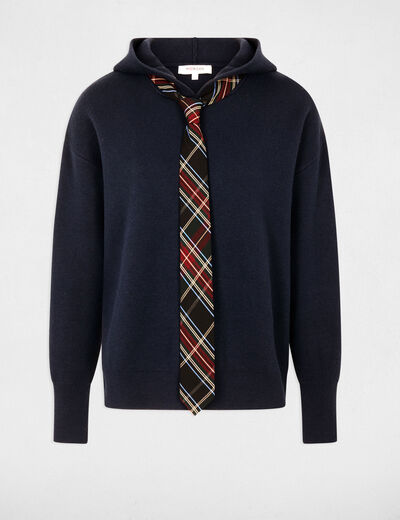 Pull &agrave; capuche bleu marine femme