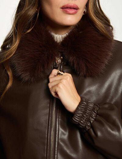 Blouson court col fourrure marron foncé femme