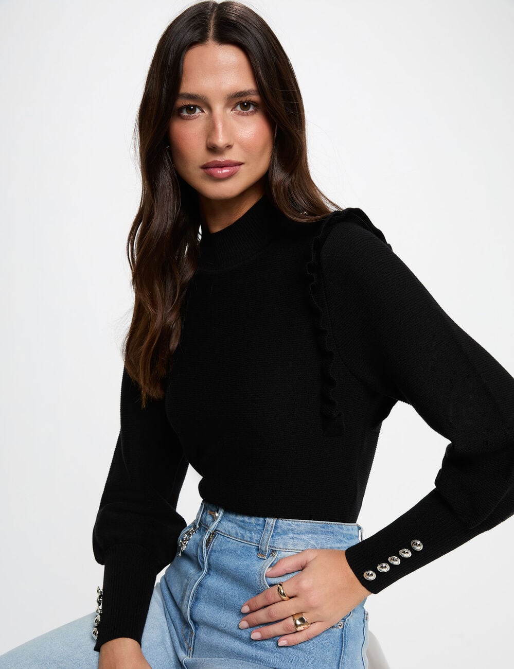 Trui met lange mouwen en ruches zwart vrouw