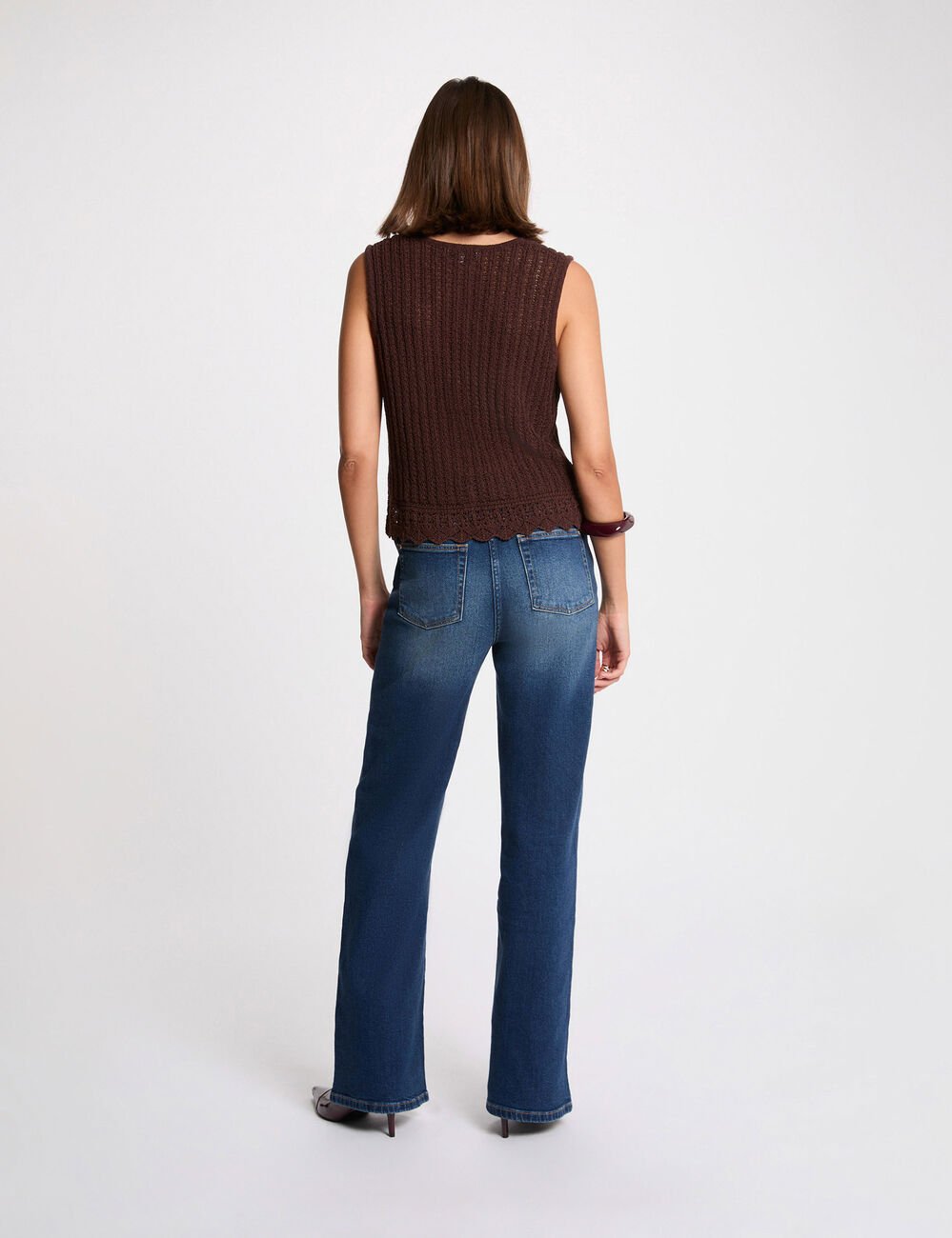 Gilet sans manches ajouré marron foncé femme