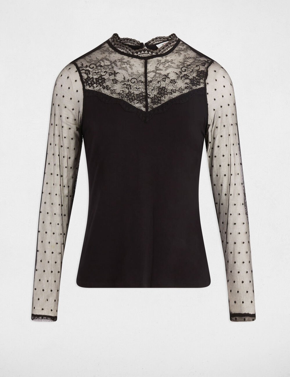 T-shirt dentelle col rond noir femme