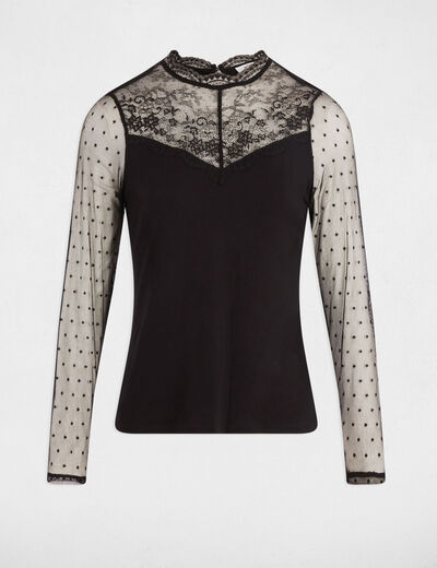 T-shirt dentelle col rond noir femme