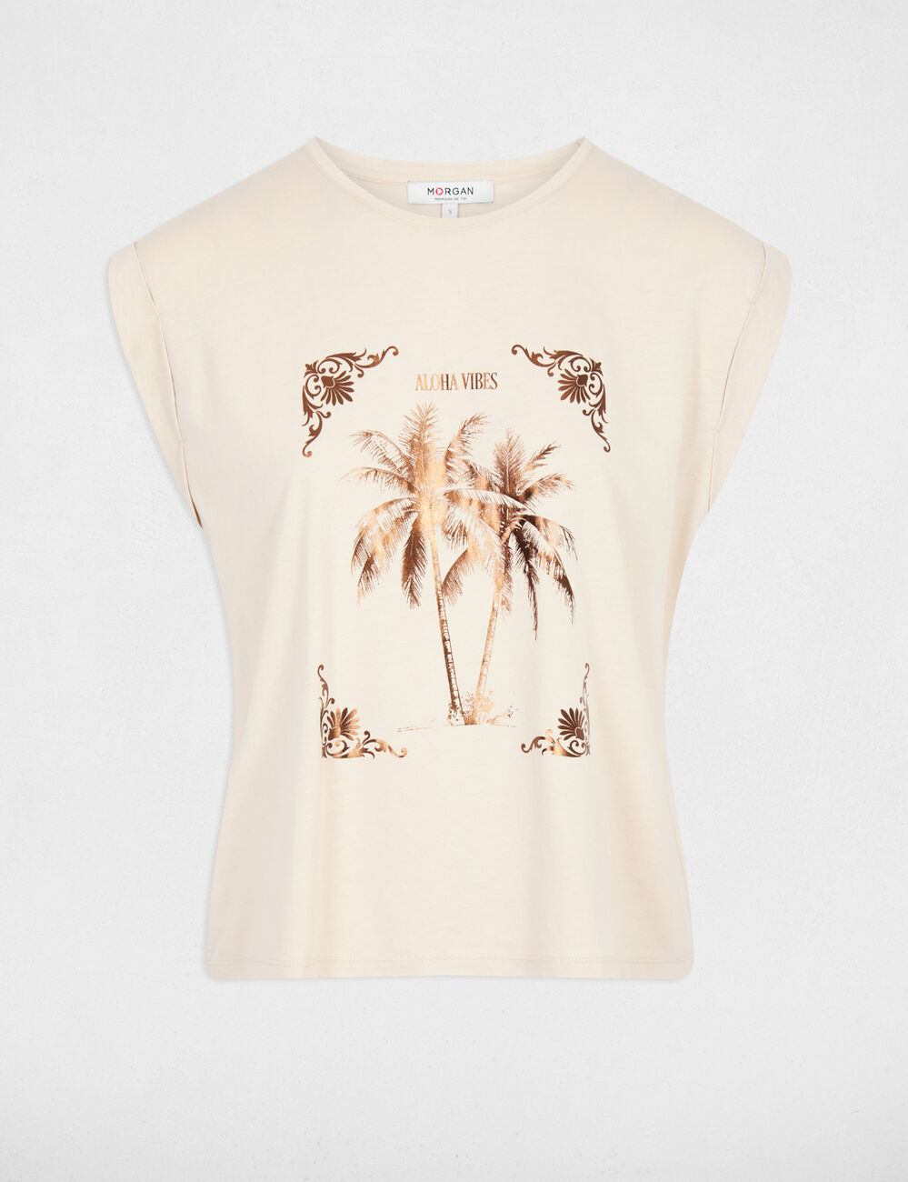 T-shirt imprim&eacute; col rond beige clair femme