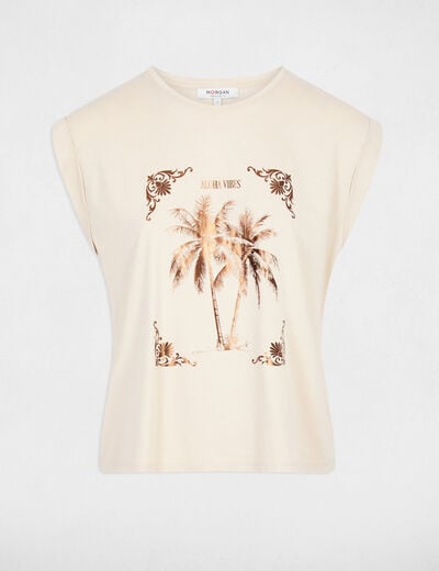 T-shirt imprim&eacute; col rond beige clair femme
