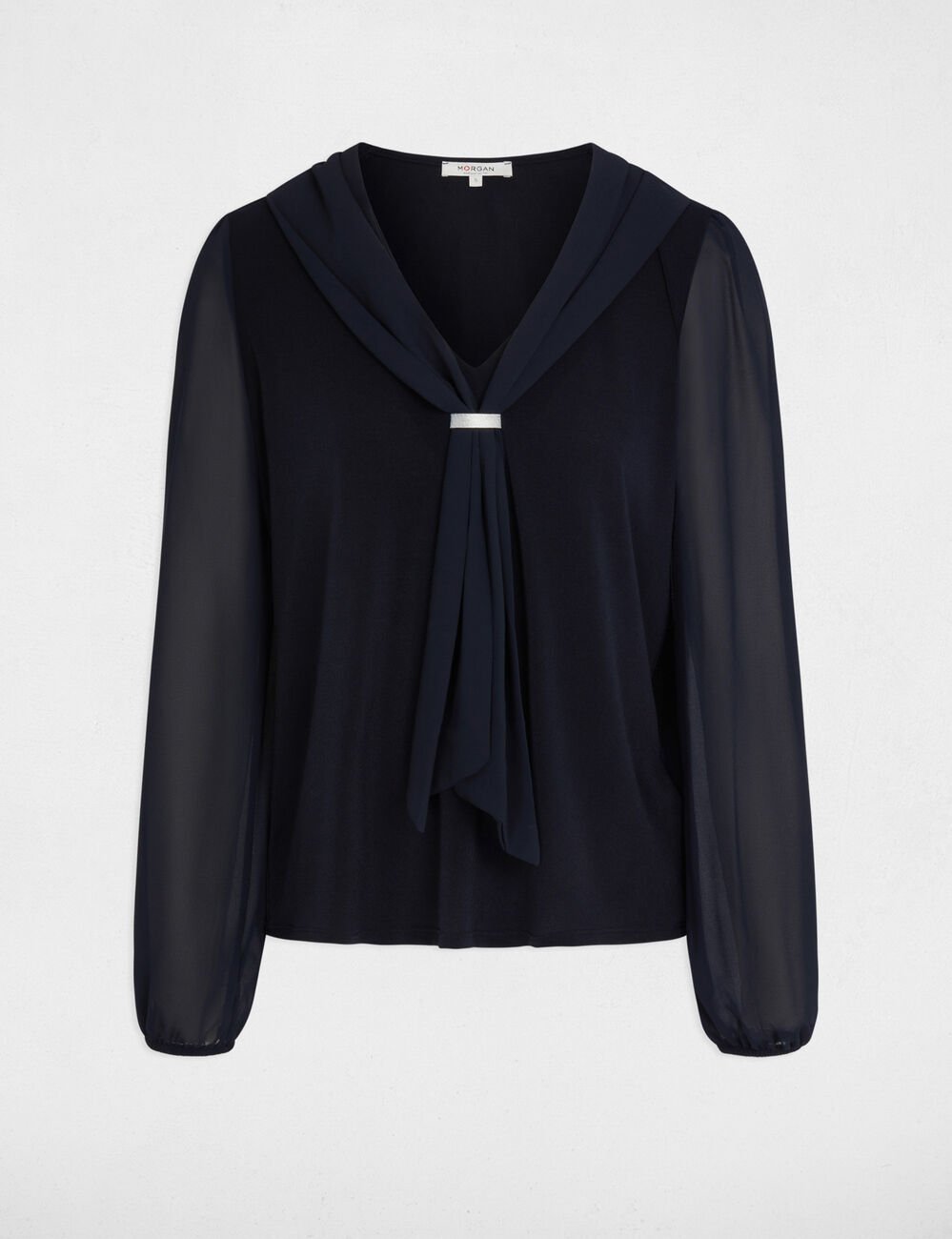 T-shirt voile col lavalli&egrave;re bleu marine femme