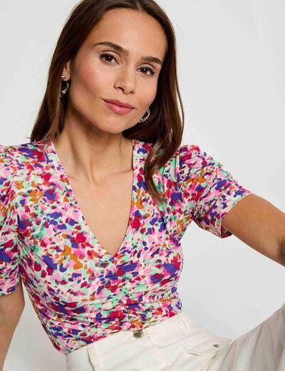 T-shirt ajust&eacute; col v multicolore femme