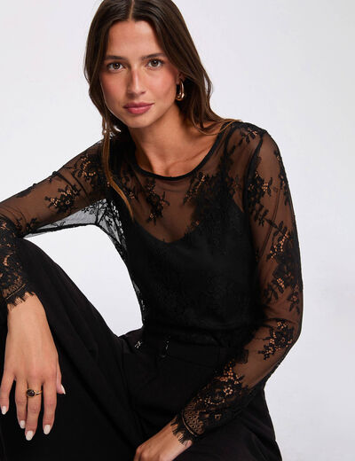 Kant T-shirt met lange mouwen zwart vrouw