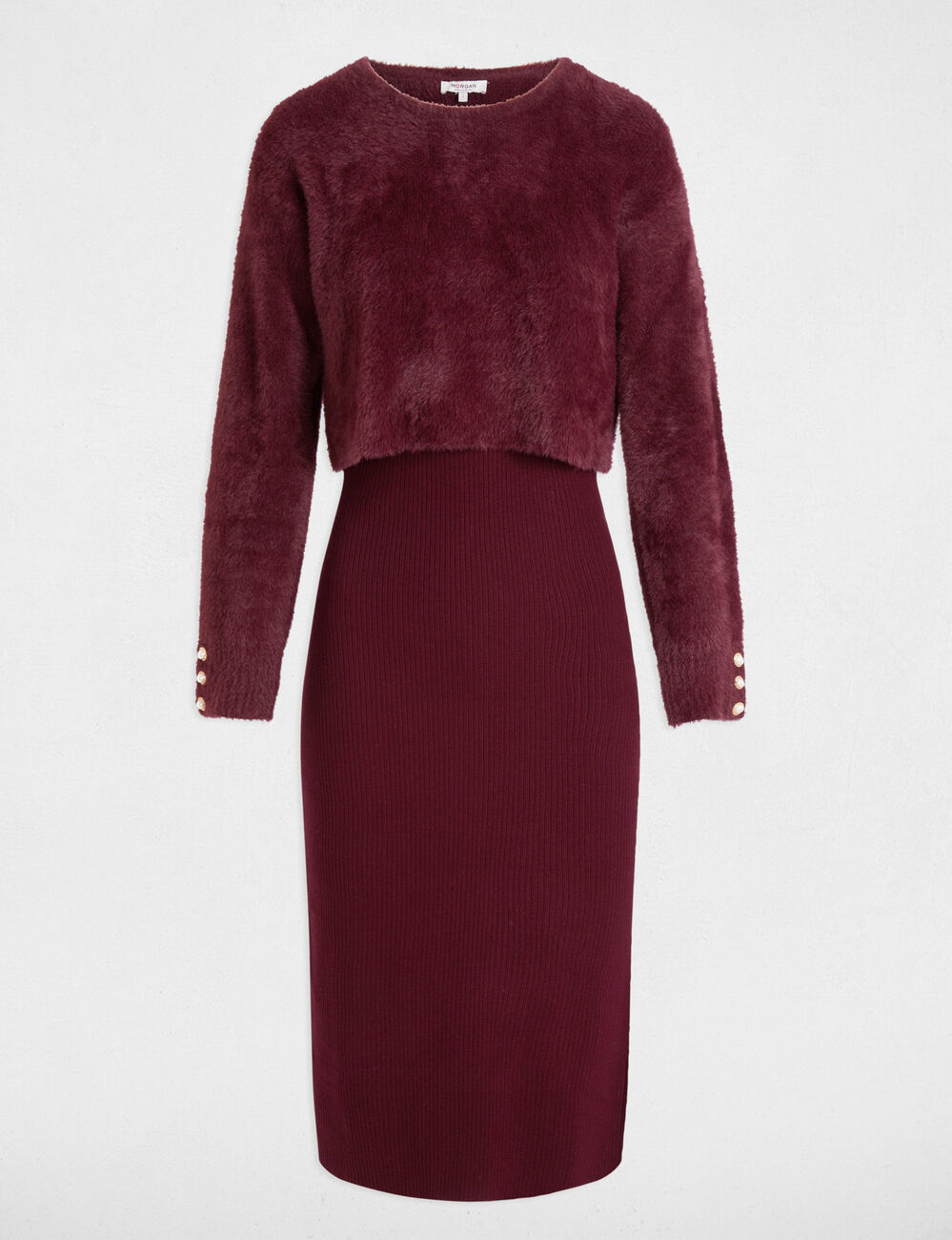 Robe tricot midi ajust&eacute;e 2-en-1 prune femme